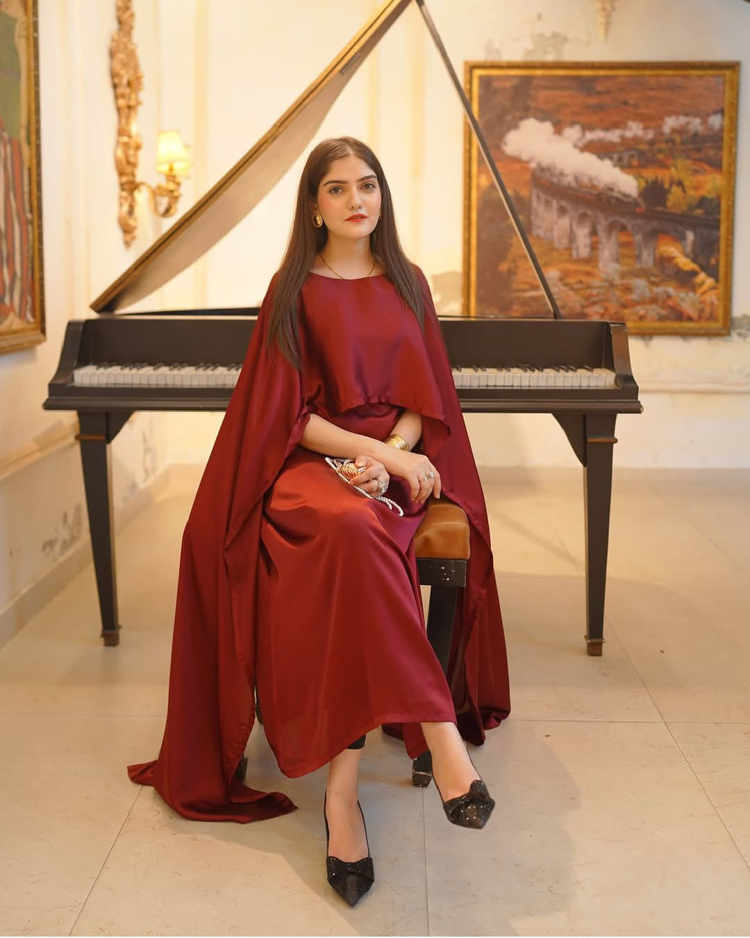Cap Shawl with long body fitted Maxi 2pcs silk stuff
