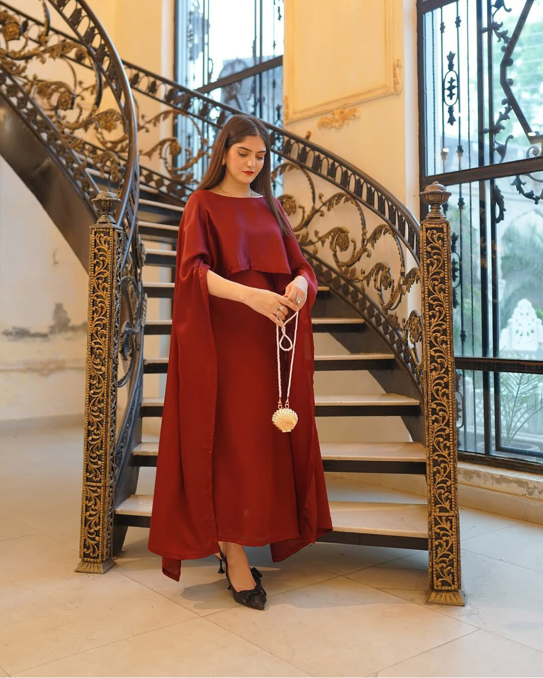 Cap Shawl with long body fitted Maxi 2pcs silk stuff