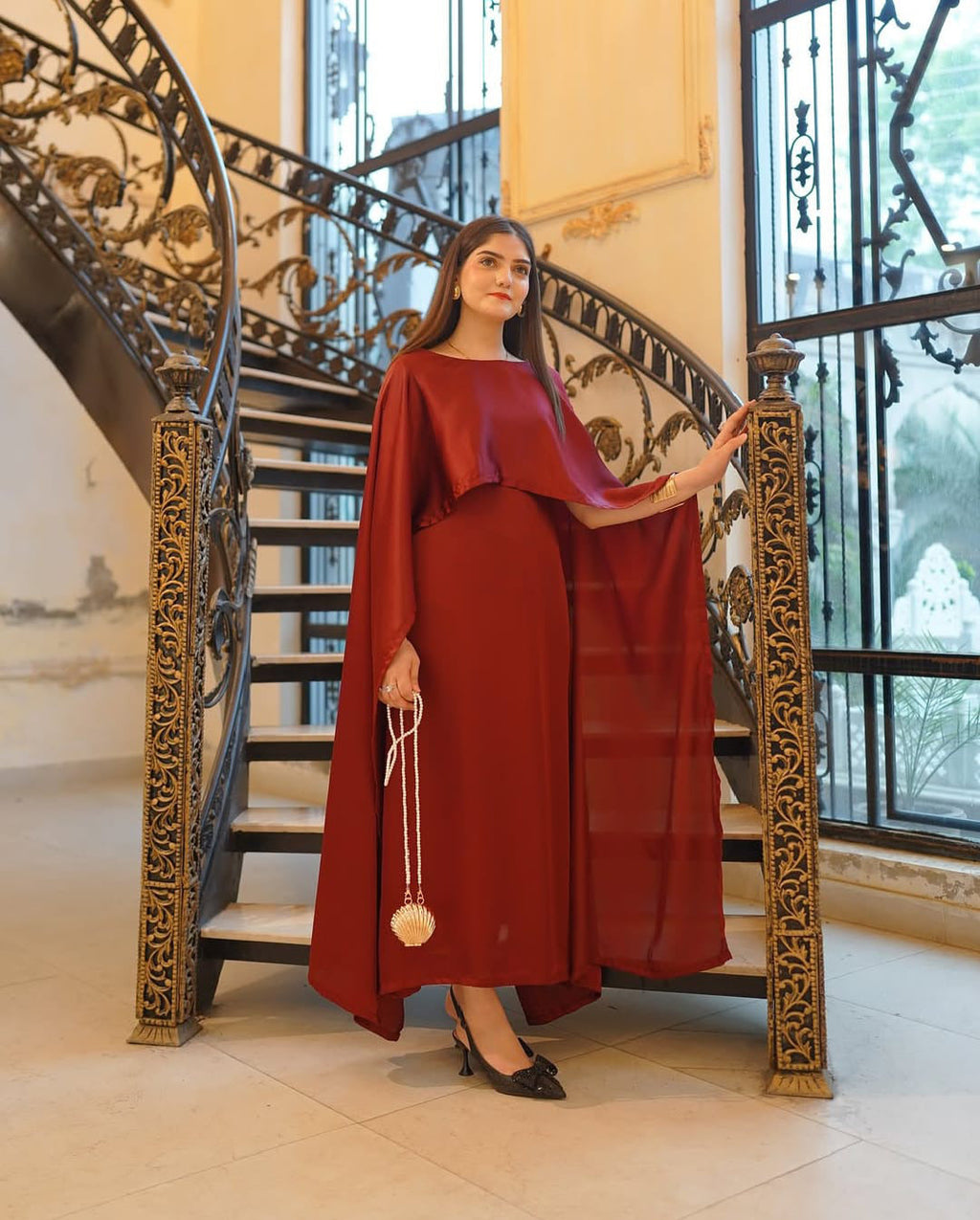 Cap Shawl with long body fitted Maxi 2pcs silk stuff