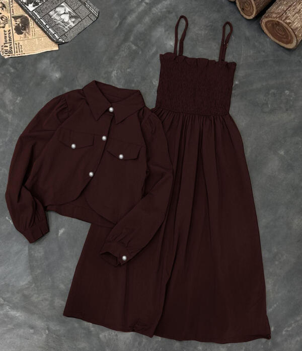 Kaaj Button Coaty with Gazzer Romper Frock 2 Pcs