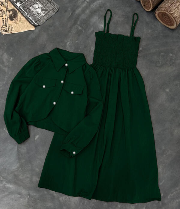 Kaaj Button Coaty with Gazzer Romper Frock 2 Pcs