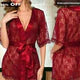 2PCS Net Gown &amp; Panty Luxury Lace Satin Nightwear Robe for Women – Sheer Lace Nighty with Belt | Bridal Honeymoon Lingerie Night Dress