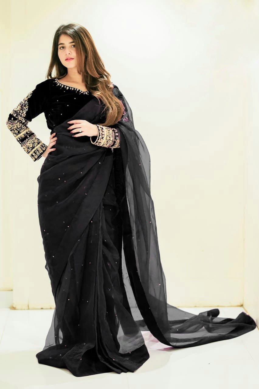 Multi Embroidery Blouse with Petticoat and Pearls Attached Saree