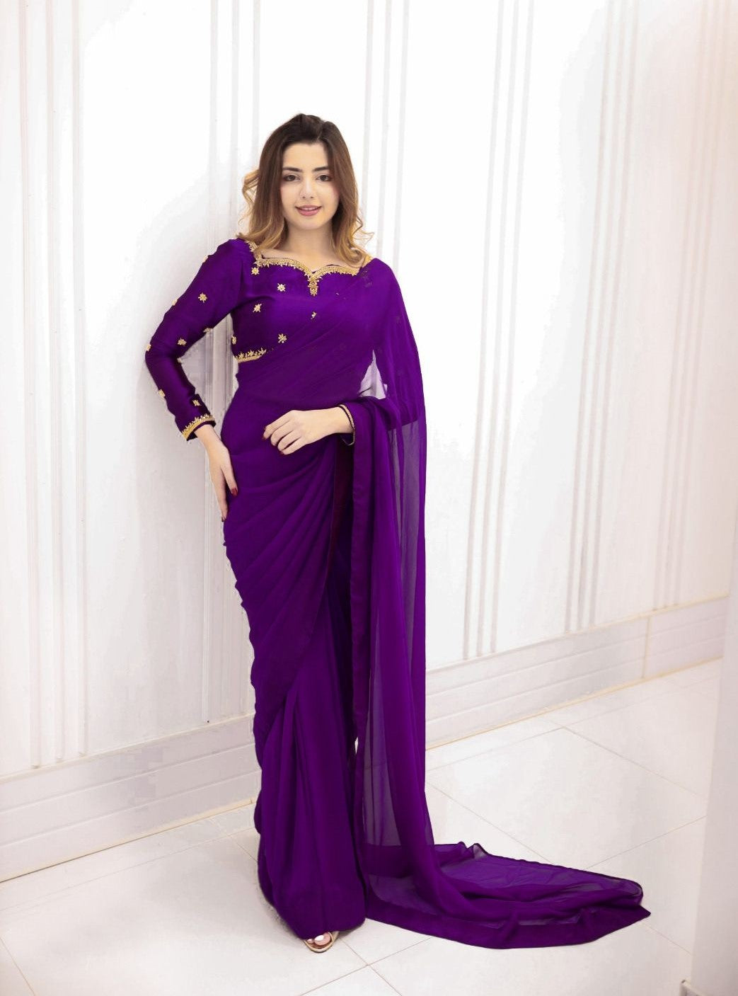 Elegant Shamose Silk Embroidered Party Wear Saree