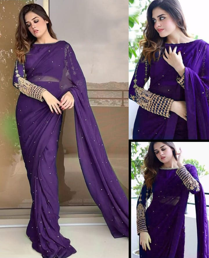 Stiched Pearls Embroidered Saree With Petticoat And Blouse (3 Colour)