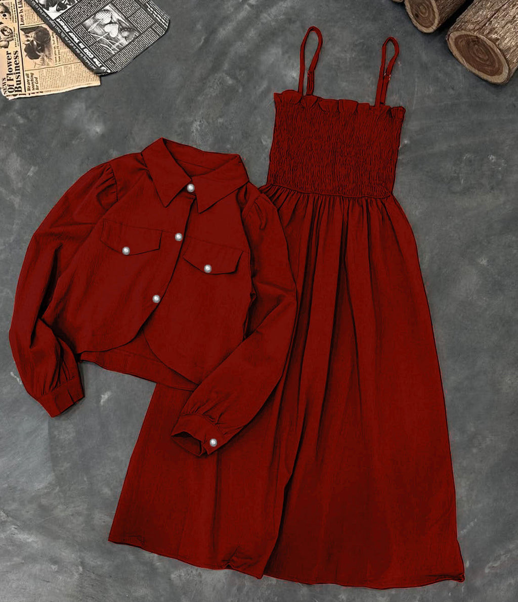 Kaaj Button Coaty with Gazzer Romper Frock 2 Pcs