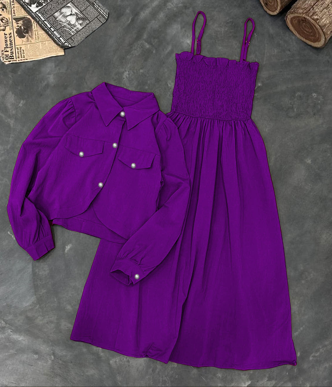 Kaaj Button Coaty with Gazzer Romper Frock 2 Pcs