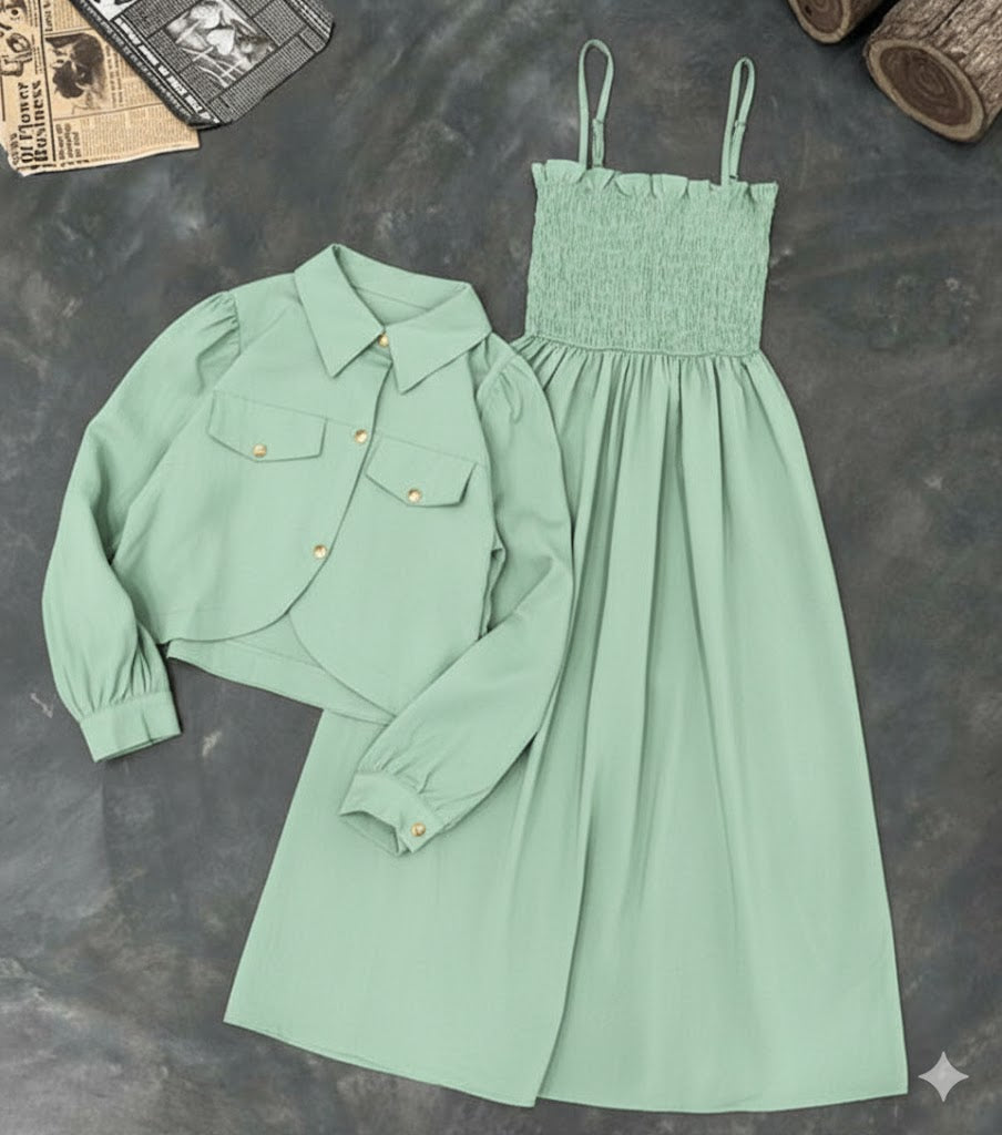 Kaaj Button Coaty with Gazzer Romper Frock 2 Pcs