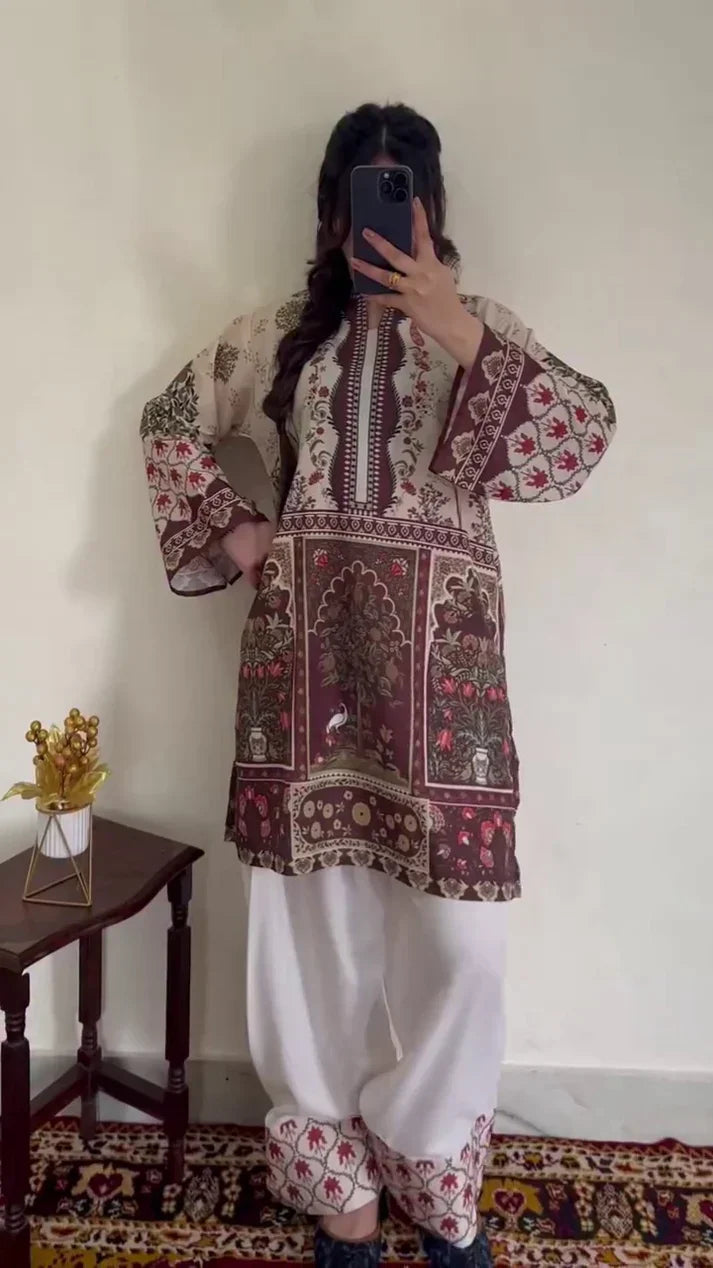 Printed 2PC Floral Lawn Suit – Brown & Off White