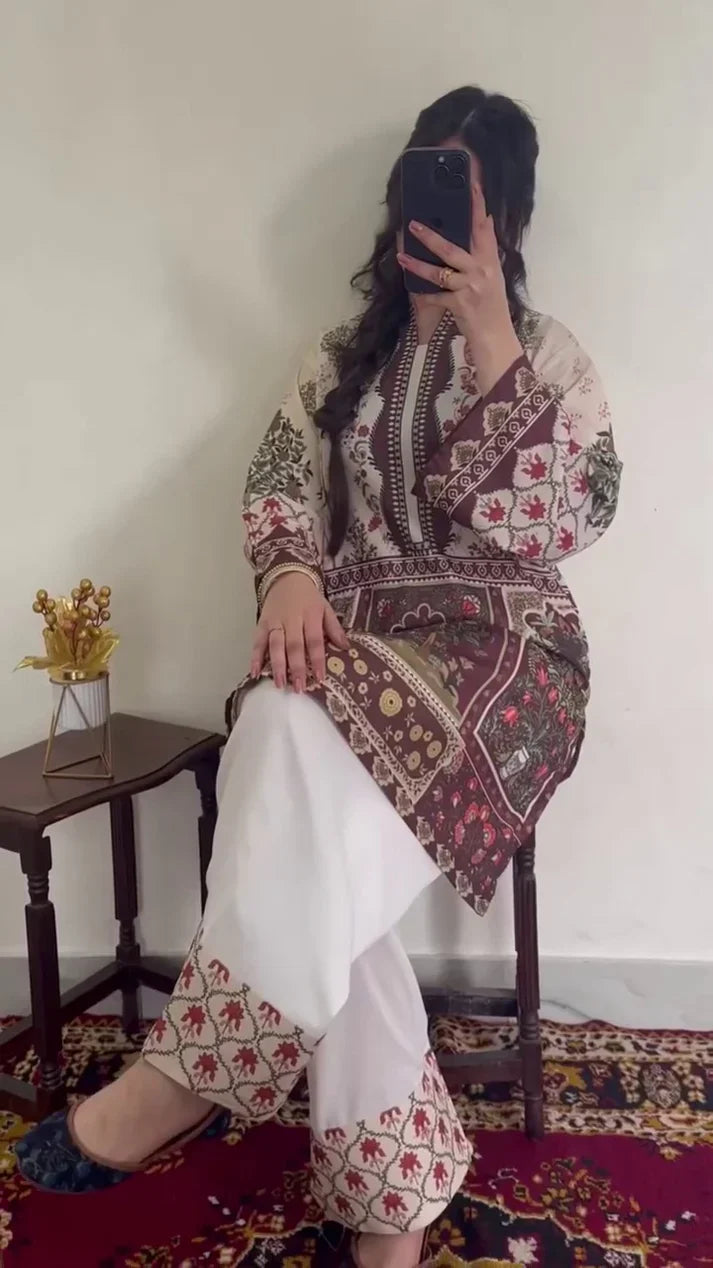 Printed 2PC Floral Lawn Suit – Brown & Off White