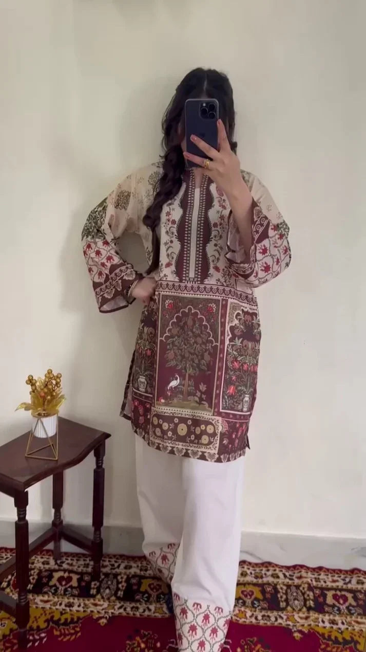 Printed 2PC Floral Lawn Suit – Brown & Off White