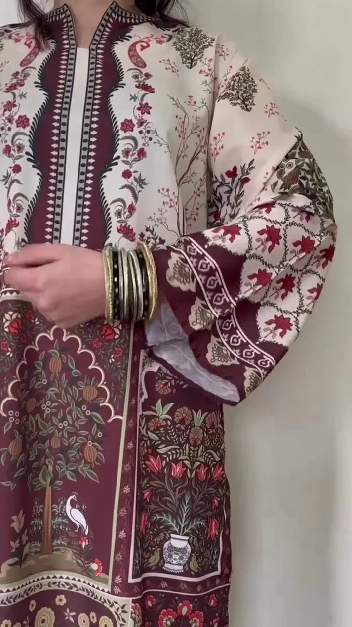 Printed 2PC Floral Lawn Suit – Brown & Off White