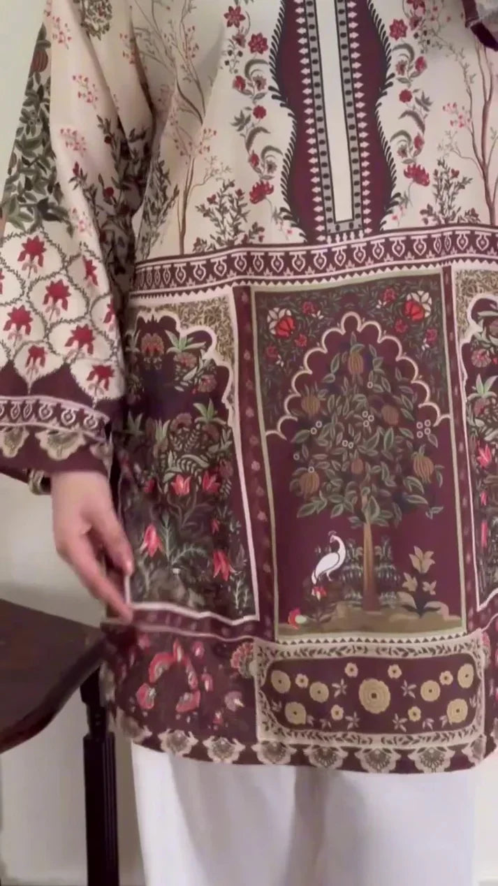 Printed 2PC Floral Lawn Suit – Brown & Off White